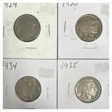 4 BUFFALO NICKELS - 1929, 1935, 1930, 1934