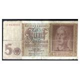 1942 WWII GERMAN 3RD REICH 5 MARKS