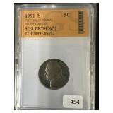 1991-S JEFFERSON PROOF 70 CAMEO NICKEL