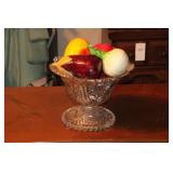 PRESSED GLASS FRUIT BOWL W/ARTIFICAL FRUIT