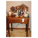 CERAMIC NATIVITY & SEWING MACHINE CABINET