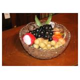 PRESSED GLASS FRUIT BOWL W/ARTIFICAL FRUIT