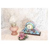 STAINED GLASS CLOCK & OIL LAMP