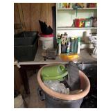 Yard spray, two black planters, large planter and