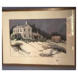 FRAMED WATERCOLOR "SNOW SCENE" RUSTIC HOUSE -