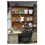 DESK, WIRE BRUSHES, SMALL GLASS JARS, TUNGSTEN