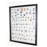 SOUVENIER PINS IN WALL HANGING DISPLAY CASE
