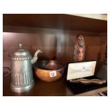 Brass bell, wood bowl, coffee pot, musical