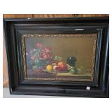 FRAMED OIL ON BOARD STILL LIFE SCENE W/ FRUIT &