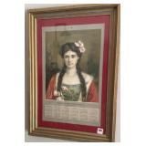 FRAMED 1910 CALENDAR PRINT W/ PORTRAIT OF A WOMAN