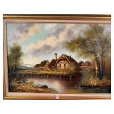 GERMAN VILLAGE AND BRIDGE FRAMED OIL PAINTING