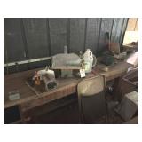 Grinder, wood table, saw