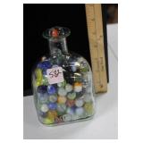 6" LONGNECK GLASS BOTTLE OF VTG MARBLES
