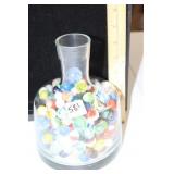 7" GLASS LONGNECK JAR OF VTG MARBLES