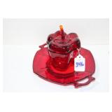 RUBY DISH AND COVERED JAR