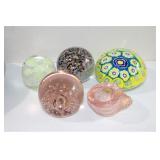 ART GLASS VASE & (4) PAPERWEIGHTS