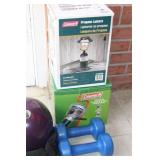 DUMBBELLS, LANTERN, HEATER, BOWLING BALL