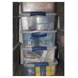 5 PLASTIC TOTES WITH ELECTRICAL, BOLTS ETC
