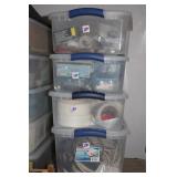 4 PLASTIC TOTES WITH WIRE, SCREWS, TAPE ETC