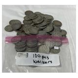 100 WALKING LIBERTY SILVER HALF DOLLARS