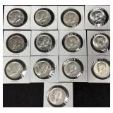 (13) 1964 90% SILVER KENNEDY HALF DOLLARS