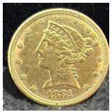 1881 LIBERTY HEAD $5 GOLD COIN -