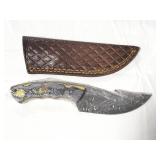 8' GUT HOOK DAMASCUS STYLE BLADE W/ LEATHER