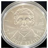 2009 LOUIS BRAILLE BICENTENNIAL UNC SILVER DOLLAR