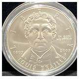2009 LOUIS BRAILLE BICENTENNIAL UNC SILVER DOLLAR