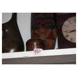 CLOCK & WOOD CARVINGS ON SHELF 6 PCS TOTAL