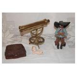 BRASS TELESCOPE, FIGURINES, COVERED BOX