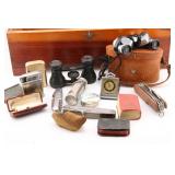 WOOD BOX WITH SMALL COLLECTIBLES