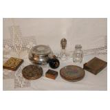 PERFUME BOTTLES, COMPACTS, PEWTER BOX