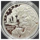 2016 MARK TWAIN PROOF SILVER DOLLAR - BOX & COA -