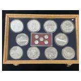 OAK DISPLAY CASE W/ (10) 5 OZ UNC SILVER ROUNDS -