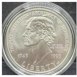 1993 THOMAS JEFFERSON 250TH ANNIV. UNC SILVER