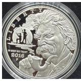 2016 MARK TWAIN PROOF SILVER DOLLAR - BOX & COA -
