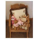 Childs Wooden Doll Chair w/ Pillow & Plushies