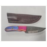 8" DAMASCUS STYLE FIXED BLADE KNIFE W/ LEATHER