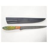 14" DAMASCUS STYLE FIXED BLADE KNIFE W/ LEATHER