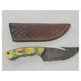 8" GUT HOOK DAMASCUS STYLE BLADE KNIFE W/ LEATHER