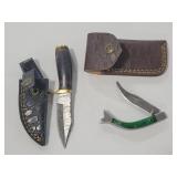 (2) DAMASCUS STYLE KNIVES - (1) FOLDING KNIFE &
