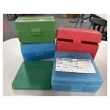 (4) PLASTIC CASE-GARD AMMO BOXES & (1) RCBS