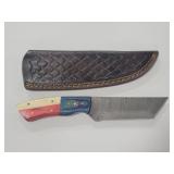 8" DAMASCUS STYLE FIXED BLADE KNIFE W/ LEATHER