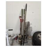 (5) YARD TOOLS - RAKE, SHOVELS, POST HOLE DIGGER