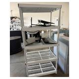36" PLASTIC SHELVING UNIT W/ 3 COMPUTER MONITORS