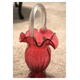 Fenton Art Glass Cranberry Ruffled Basket