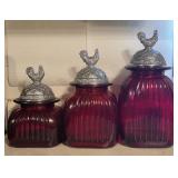 3pc. Artland Ruby Glass Canisters w/ Rooster Lids