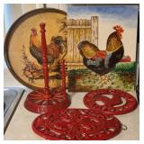 Red Cast Iron Trivets & Paper Towel Holder +