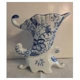 Blue & White Fine China Porcelain Cornucopia Vase
